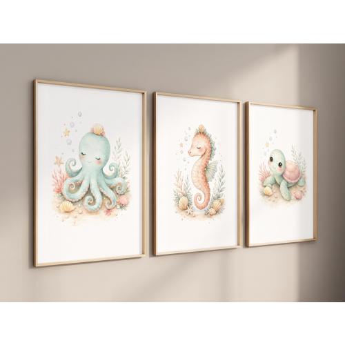 Ocean Nursery Prints, Seahorse Octopus Turtle Wall Art, Coastal Bathroom Decor, Watercolor Sea Animals, Set of 3, Sea Life Bathroom Art