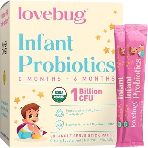 LOVEBUG Infant Probiotics 0-6 Months - USDA Organic Probiotics for Babies, Supports Baby Gas, Colic, Reflux, Diarrhea and Newborn Constipation Relief, Allergen & Sugar Free, Tasteless Powder, 60 Pack