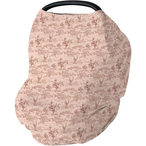 Vintage Western Cowboy Baby Car Seat Covers Retro Cowboy Cactus Horse Stretchy 5-in-1 Cover Adjustable Infant Carseat Canopy Cover Wild Desert Country Breathable Nursing Cover-Up