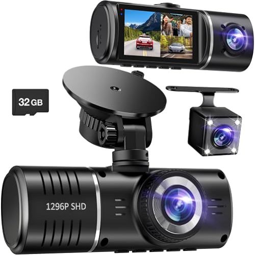 Dash Cam Front and Rear, 1296P Dash Camera for Cars, 3 Channel Car Camera Front Rear and Inside with 32GB Card, Loop Recording, Night Vision, HDR, 24Hr Parking, G-Sensor