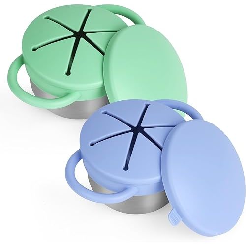 2 Pack Snack Cups for Toddlers Spill Proof - Detachable Stainless Steel Toddler Snack Cups with Silicone Lids & Handles - Dishwasher Safe Baby Snack Containers for Mess-Free Snacking (Blue and Green)