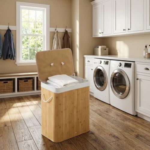 COZONY Folding Bamboo Laundry Hamper with Lid, 28 Gal / 106L Wooden Clothes Basket with Washable Liner, Slim Storage for Small Bedrooms & Dorms