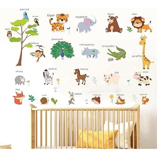 Large Animals Learning Educational Wall Stickers Kids,Nursery Playroom Wall Decals,Daycare Preschool Classroom Wall Stickers Peel and Stick Removable,Cute Wall Decor for Boy,Girl,Toddler,Baby.