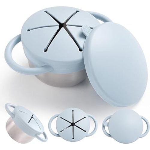 1 Pack Snack Containers for Toddlers, 3-in-1 Stainless Steel Toddler Snack Cups with Removable Silicone Food Catcher & Travel Lids, No-Spill Snack Container for Baby Self-feeding