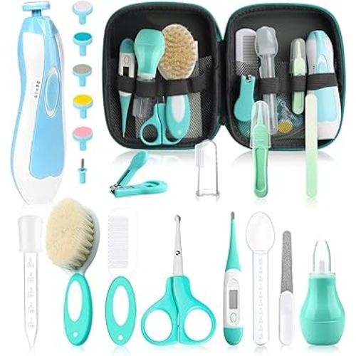 Baby Grooming Kit, Electric Safety Nail Trimmer Baby Nursery Kit，Infant Safety Care Set with Hair Brush Comb Nail Clipper Nasal Aspirator,Baby Essentials Kit for Newborn Girls Boys (20 Pc Green Kit)