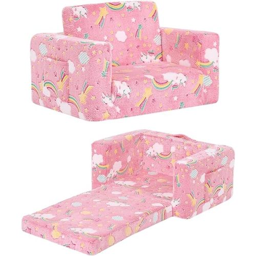 Toddler Chair Kids Couch, 2-in-1 Comfy Armchair with Removable and Washable Cover Carrying Handle, Convertible Reading Chair Toddler Couch for Girls and Boys, Pink Rainbow