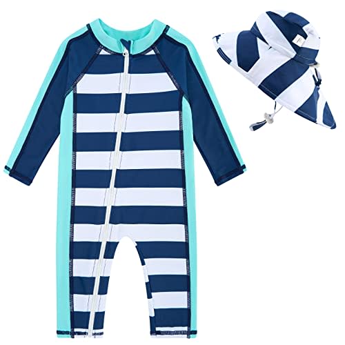 UNIFACO Baby Boy Swimsuit UPF 50+ Sun Protection One Piece Zip Bathing Suit with Sun Hat Infant Sunsuit Swimwear