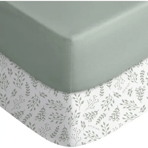 Yoofoss Pack and Play Sheets Fitted, Mini Crib Sheets 2-Pack for Pack N Play Mattress, Stretchy Playard Sheet, Soft and Breathable Green + Leaf