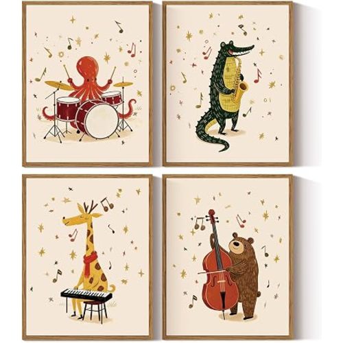 VIYYIEA Musical Animals Nursery Wall Art, Vintage Framed Prints Set of 4