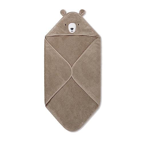 MORI Baby Hooded Bath Towel with Bear Design in Taupe - Unisex Soft Cotton Wrap Cloth for Infants and Newborns - 30 x 30”
