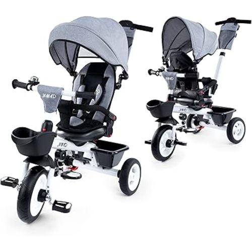 JMMD Baby Trike, 6-in-1 Kids Tricycle with Adjustable Push Handle, Removable Canopy, Safety Harness for 18 Months - 5 Year Old, Gray