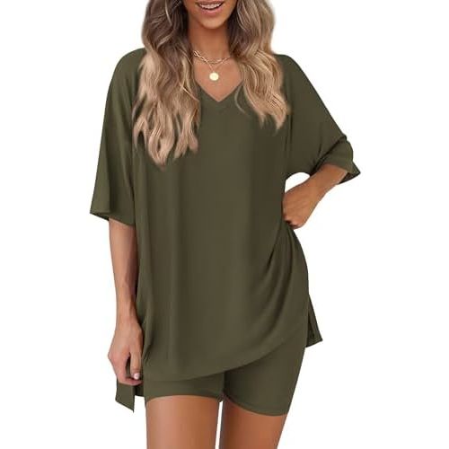 PRETTYGARDEN 2 Piece Sets for Women Summer 2026 Lounge Short Set Spring Matching Biker Shorts V Neck Oversized Shirt Clothing