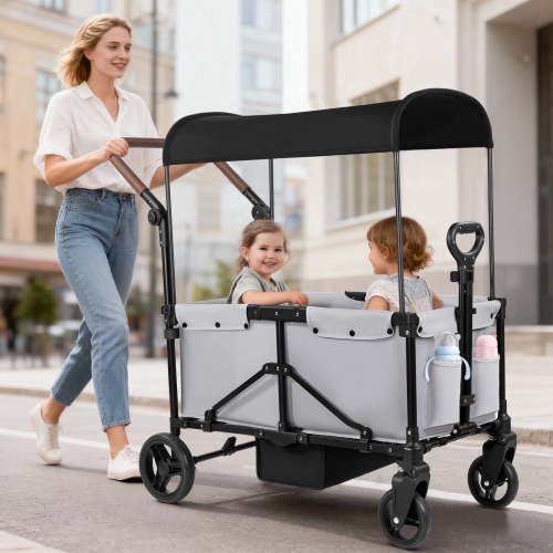 Tripland Wagon Stroller for Kids, 2-Seater Outdoor Baby Stroller with Canopy,Pull & Push Handle,Gray