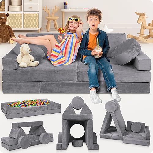 Lunix LX15 14pcs Modular Kids Play Couch, Design-Patent Child Sectional Sofa, Fort-Play Bedroom Playroom Furniture for Toddlers, Convertible Foam, Washable Covers, OEKO-TEX & CertiPUR-US, Granite Gray