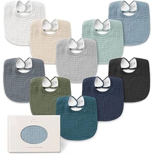 Konssy 10-Pack Muslin Baby Bibs, Soft Cotton Bandana Bibs for Drooling & Teething, Unisex Solid Colors for Boys & Girls, Newborn & Infant