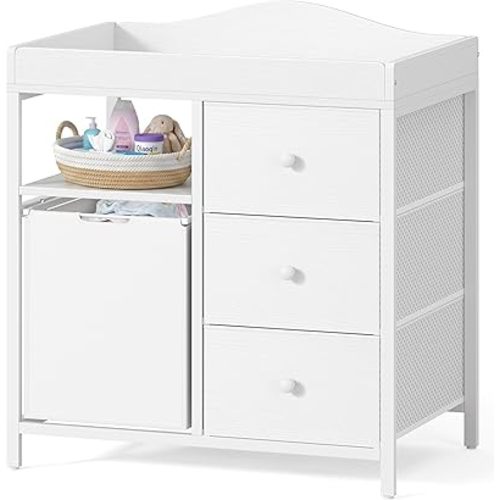 BOLUO White Changing Table with 3 Fabric Drawers and Laundry Hamper, Baby Dresser with Changing Table Top, Nursery Diaper Changing Station with Storage Modern