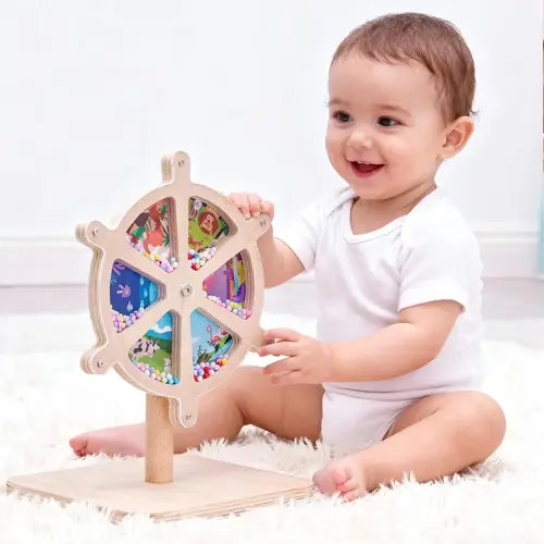 Montessori Baby Toys for 6-12 Months & 1+ Year Old, 12" Spinning Drum Baby Toy Tummy Time Toys Wooden Sensory Toysfor Babies with Rustling Sound, Gift for Newborn Boys Girls Toddlers