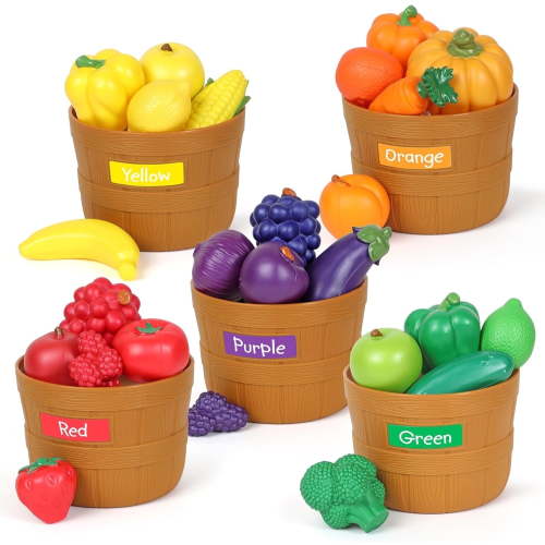 RUVINCE Farmer's Market Color Sorting Set - Play Food for Kids, Toddler Learning Toys, toy fruits and vegetables for toddlers