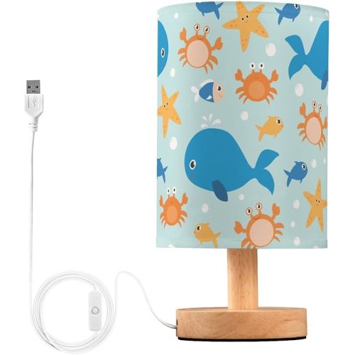 Bedside Lamp Crab Fish Whale Starfish Table Lamp for Bedroom LED Nightstand Lamp Shade USB Ports Wood Base for Living Room Dorm Office