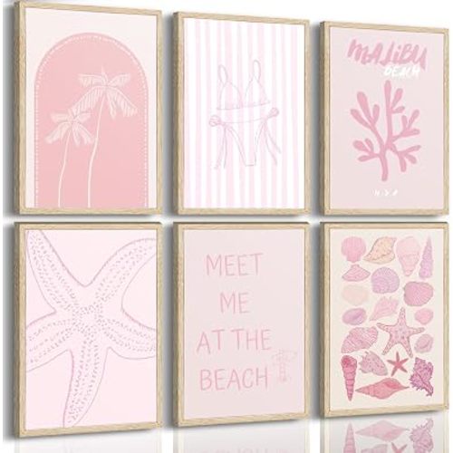 SHASHWAT 6 Pcs Pink Coastal Granddaughter Poster Wall Art,Preppy Wall Decor