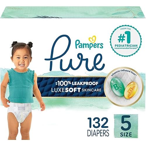 Pampers Pure Baby Diapers, Size 5 (27+ lbs), 132, Up to 100% Leakproof, Premium Hypoallergenic Soft Diapers