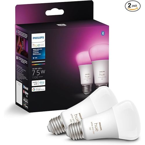 Philips Hue A19 LED Smart Light Bulbs - Flicker-Free 75w Light Bulbs - Control with Hue App - Compatible with Alexa, Google Assistant, and Apple HomeKit - E26 Base - 2 Pack