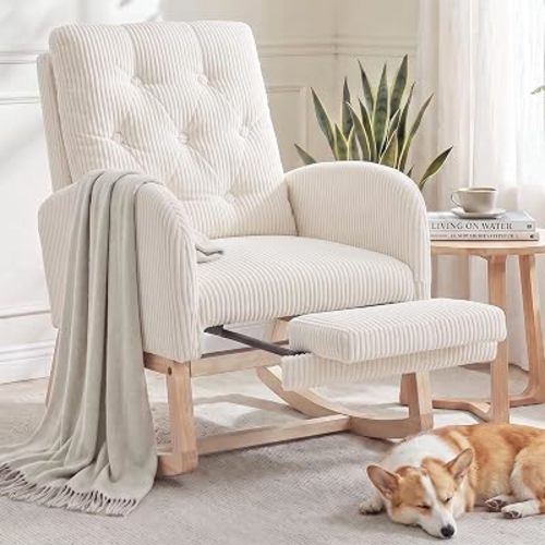NIOIIKIT Upholstered Nursery Rocking Chair with Ottoman, Cream Corduroy