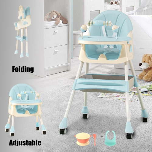 Liyufly 4-in-1 Baby High Chair Portable Baby Toddler Dining Chairs Eat & Play Convertible High Chair with 5-Point Harness, Dinner Plate and Toy Rack, Dark Blue