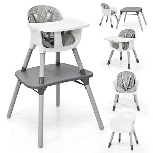HONEY JOY 6-in-1 High Chair, Convertible Highchair for Babies and Toddlers/Kids Chair Table Set/Infant Feeding Chair w/Safety Harness, PU Leather Cushion & Removable Food Tray (Gray)