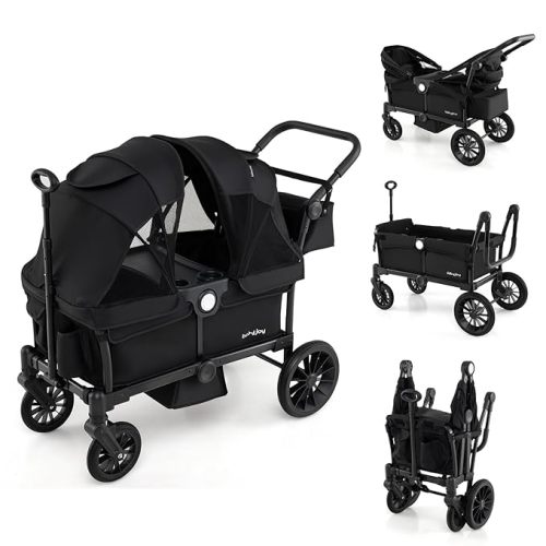 BABY JOY Wagon Stroller for 2 Kids, Collapsible Push Pull Double Stroller Wagon with Adjustable Handle Bar, Removable Canopy, Safety Harness, Cup Holder, Snack Tray & Storage Bag (Black)