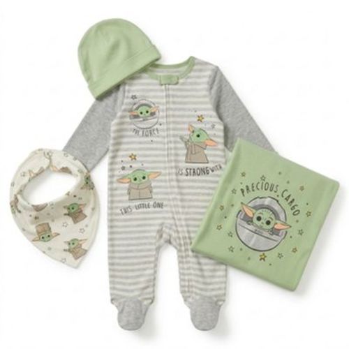 Star Wars The Mandalorian Baby Boy or Girl Baby Shower Knit Zip-Up Sleep N Play Outfit with Foil Print Blanket Bib and Hat Grogu Sage Green 0-6 Months