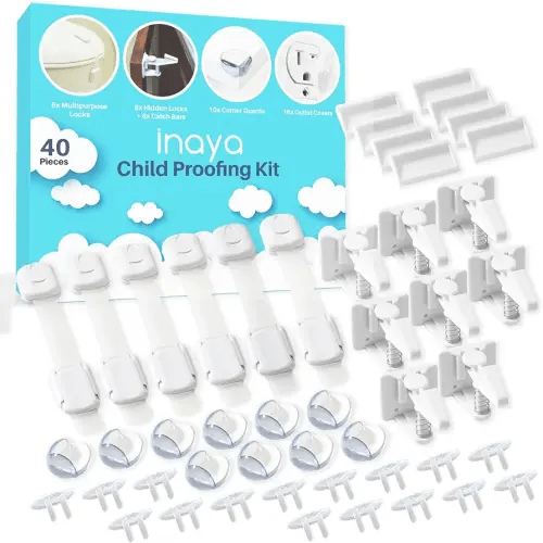 Inaya Complete Baby Proofing Kit - Child Safety Hidden Locks for Cabinets & Drawers, Adjustable Safety Latches, Corner Guards and Outlet Covers - Baby Proof Pack to Keep Your Child Safe at Home