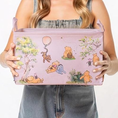 Sweet Baby Classic Winnie Pooh Storage Nursery Basket With Hard Bottom Large Square Canvas Cotton Laundry Hamper Bin Waterproof Foldable Bathroom and Bedroom Stuff Clothes Toys Vintage Decor (Pink)