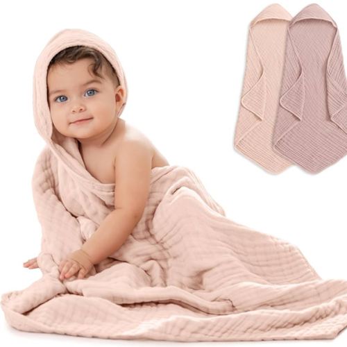 Comfy Cubs Hooded Baby Towel 2-Pack, Large 32 x 32 Inch - 6 Layer 100% Muslin Cotton for Babies, Toddlers, Kids - Soft & Absorbent Baby Bath Towels - Unisex Design for Bath Time, Mauve and Blush