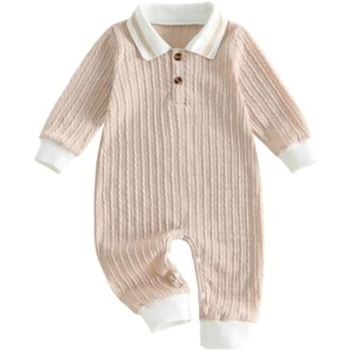 Newborn Baby Boy Clothes Textured Collared Romper Long Sleeve Button-UP One Piece Jumpsuit Solid Color Fall Outfit
