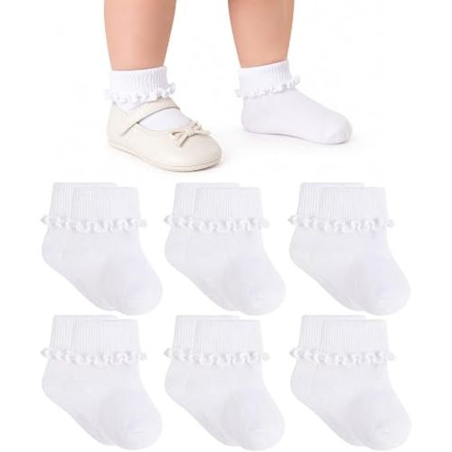 6 Pairs White Baby Girl Ruffle Socks Cotton Turn Cuff Lace Frilly Ankle Dress Socks Newborn Infant Toddler