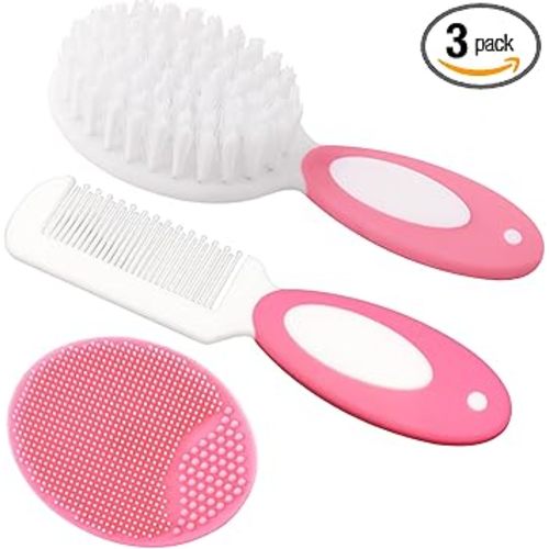 Baby Hair Brush, Cradle Cap Brush, Baby Hair Comb, Baby Hair Brush and Comb Set for Newborns & Toddlers, Baby Brush Soft Bristles, Ideal for Cradle Cap, Perfect Baby Registry Gift (Pink)
