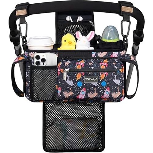 TOPDesign Universal Baby Stroller Organizer, Stroller Caddy with Detachable Mesh Bag & Heightened Insulated Cup Holders & Non-Slip Secure Hooks Accessories, Fits Most Strollers (Cats & Rockets)