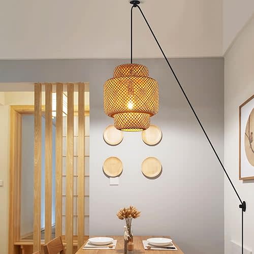 COSYLUX Farmhouse Plug in Pendant Light Fixture for Bedroom Living Room, Adjustable Handmade Bamboo Farmhouse Rustic Ceiling Hanging Wall Lamp for Dining Room, Kitchen Island, Entryway (no Bulbs)