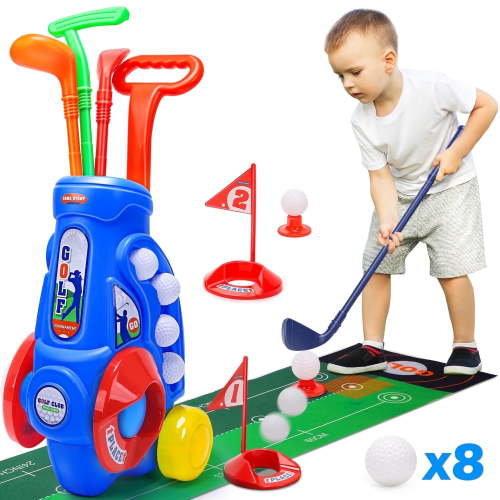 JoyStone Toddler Golf Set, Upgraded Kids Golf Clubs with Golf Cart, 4 Clubs, 8 Balls, 2 Practice Holes, Shoulder Strap and Flags, Indoor Outdoor Sports Golf Toys