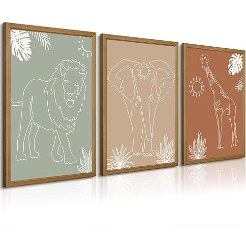 Safari Nursery Wall Art Pictures Baby Animal Canvas Wall Decor Boho Jungle Wall Art Kids Minimalist Poster Elephant Giraffe Lion Prints Nursery Safari Artwork for Bedroom 12x16 Inch Wood Framed Set of 3