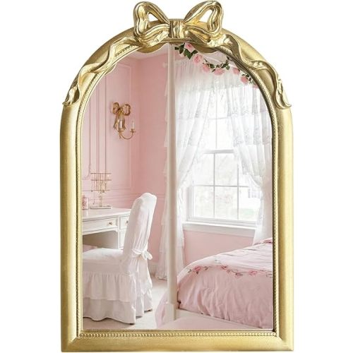 36x24 Arched Gold Bow Wall Mirror, Vintage Vanity Mirror for Bathroom & Bedroom Decor, Antique French Style Engineered Wood Frame with Ribbon Knot, Cute Coquette Aesthetic