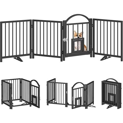 HOOBRO 4 Panel Freestanding Dog Gate with Door, Full Metal Foldable Dog Fence, Pet Gate with 2 Metal Support Feet, 27.2” Height, for Doorways, Stairs, Kitchen, Living Room, Halls, Black BK76PP03