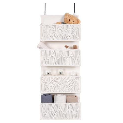 Avidanza Macrame Over the Door Organizer Boho Decor Nursery Storage, Leaf Weaving Closet Organizers and Storage，with 4 Hanging Pockets, Behind Door for Bathroom, Bedroom