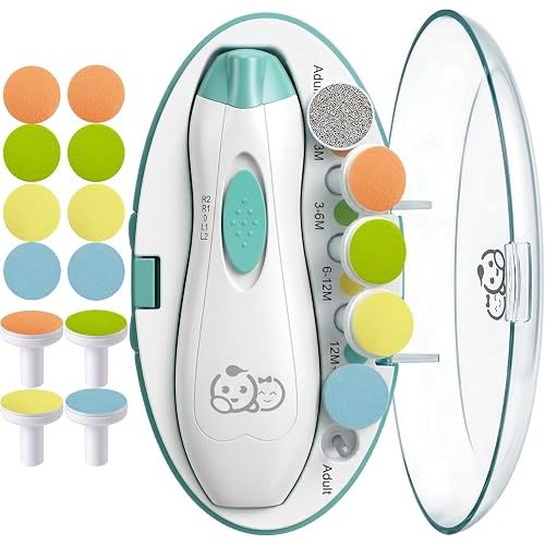Royal Angels Upgraded 21 in 1 Baby Nail Trimmer with Labeled Case, 12 Extra Replacement Pads, Safe Electric Baby Nail File Kit for Newborn & Toddler, Whisper Quiet Nail Clipper with LED Light (Green)
