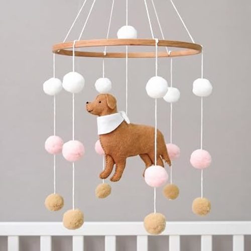 Golden Retriever Crib Mobile for Girls - Handcrafted Felt Baby Mobile for Crib Pink White Tan Dog Theme - Puppy Nursery Mobile for Bassinet, Ceiling Hanging Toy