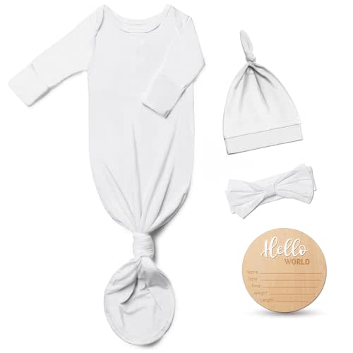 Hello World Newborn Outfit Knotted Gown 0-3 Months, Baby Girl Boy Coming Home Sleeper with Sign