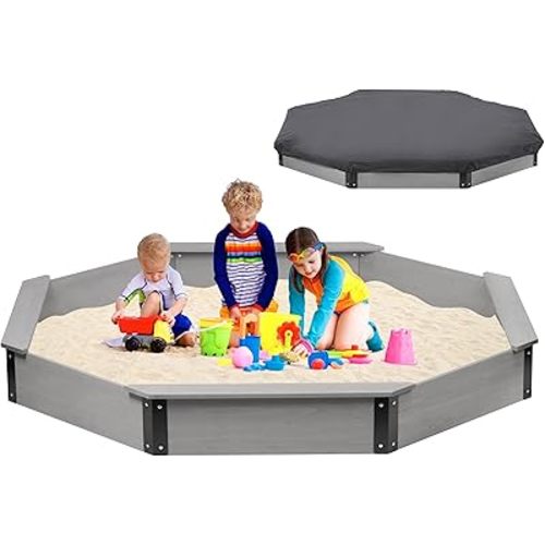 85''x78''x9'' Octagon Sandbox with Cover for Kids Outdoor Play, Wood Large Sandpit with 4 Benches, Quick Easy Install, US. Patented