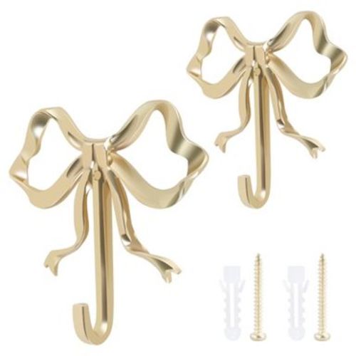 Zeus & Ruta 2-Pack Brass Bow Wall Hooks, Decorative Sturdy Hooks for Entryway, Bedroom & Bathroom Storage