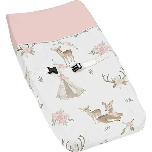 Sweet Jojo Designs Blush Pink, Mint Green and White Boho Changing Pad Cover for Woodland Deer Floral Collection